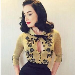 Dita Von Teese Rare Limited Edition Cardigan Sweater Gold & Black Pin-Up US-4 XS